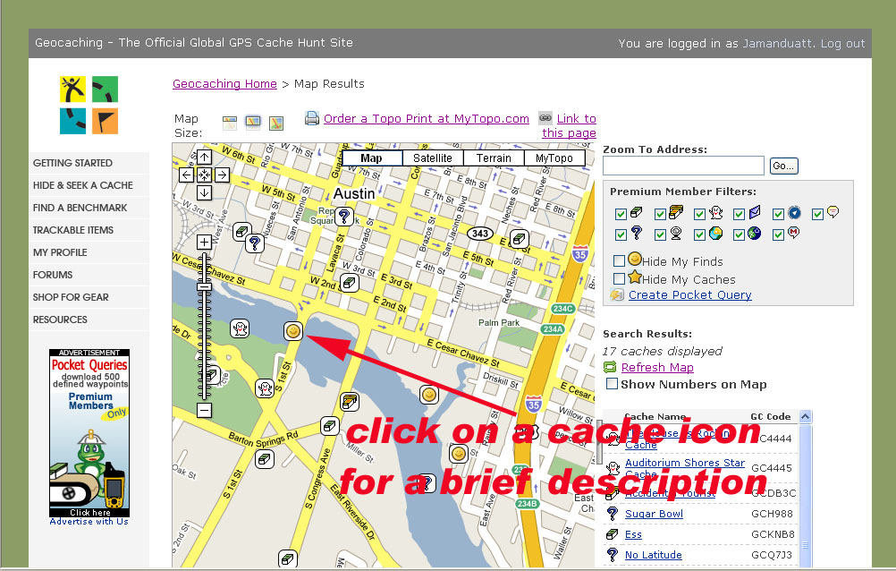 Click on any cache icon